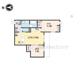 京福電気鉄道北野線 常盤駅 徒歩13分の賃貸マンション 2階2LDKの間取り