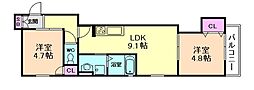クリエオーレ西郷通 2LDKの間取図画像