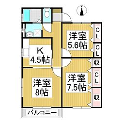 ヴィラミレーニアA 3Kの間取図画像
