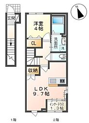 JR奥羽本線 山形駅 上桜田五丁目下車 徒歩4分の賃貸アパート 2階1LDKの間取り