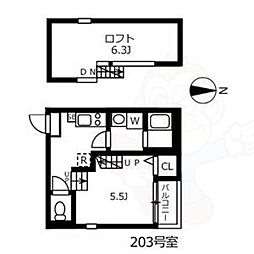 ハーモニーテラス呼続 2階1Kの間取り