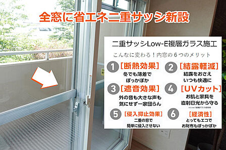 <省エネECO断熱リノベ>全窓に内窓(二重サッシ)Low-E複層ガラス新設。快適性の向上や、光熱費削減、防音効果あり