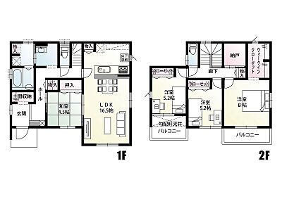 間取り：【1号棟：間取り図】陽当たりの良いリビングは広々16.5帖。土間収納をはじめ、要所に物入も設置いたしました。2階3部屋とも南向きで陽当たりは良好です。納戸も有効に活用できます。
