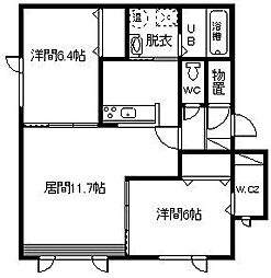 ノヴェル花咲A 2LDKの間取図画像