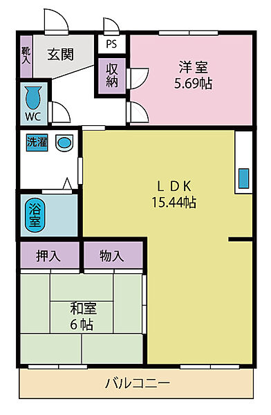 間取：広々リビング和洋室2LDK