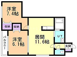 ハピネス八軒 2LDKの間取図画像