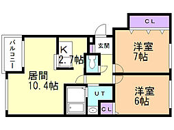 ヴィラエルンテ平和通1 2LDKの間取図画像