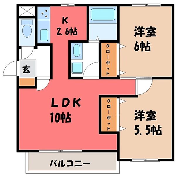 栃木県宇都宮市簗瀬町(賃貸マンション2LDK・2階・51.84㎡)の写真 その2