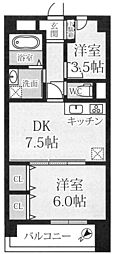 ノバカネイチ長居公園 2DKの間取図画像