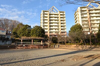 外観：目の前が公園となっており、遮るものがないため、陽当たり眺望良好です。ペット飼育可能、若葉台小学校まで徒歩約4分、若葉台循環バスで「若葉台駅」まで約4分、「若葉台パークヒルズ前」バス停まで徒歩2分。