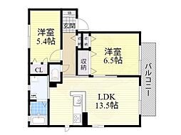 シャーメゾン六条B棟 2階2LDKの間取り
