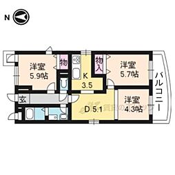 コスモ山科御陵 1階3DKの間取り