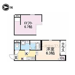 ハーモニーテラスフォース椥辻 1Kの間取図画像