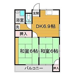 中村アパート 2階2DKの間取り