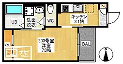 レガリスト奥田中央2 1Kの間取図画像