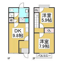 サンライズ大原Ｂ 1階2LDKの間取り