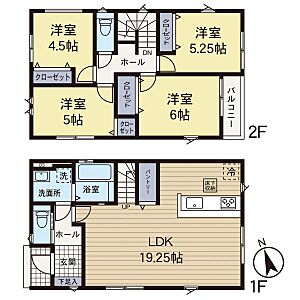間取り：19.25帖LDKとパントリーを備えた4LDK