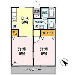 セジュール東和田B棟 2DKの間取図画像