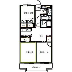 JR中央本線 武蔵小金井駅 徒歩16分の賃貸マンション 2階3DKの間取り