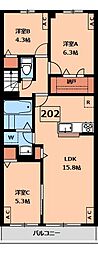 調布市深大寺東町8丁目アパート 3LDKの間取図画像
