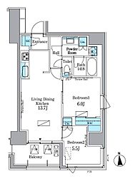パークアクシス新宿百人町 2LDKの間取図画像