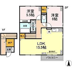 リビングタウン弘前Ｃ 2階2LDKの間取り