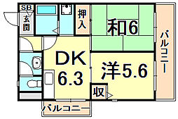 阪急神戸本線 園田駅 徒歩9分の賃貸マンション 2階2DKの間取り