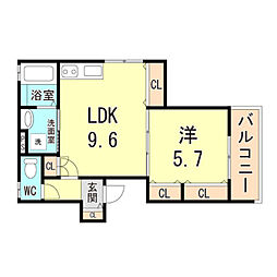 クリエオーレ大物町 1LDKの間取図画像