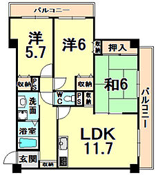 サンライズナイガイ塚口 3LDKの間取図画像