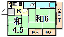 ビレッジハウス鴻池1号棟 2Kの間取図画像