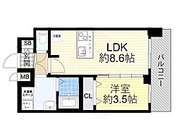 プレサンス天王寺ヴィヴァン 8階1LDKの間取り