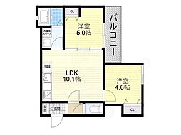 セレニティ小若江B棟 2LDKの間取図画像