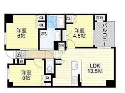 リバーガーデン四天王寺 3LDKの間取図画像