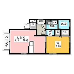 ホワイトステージA棟 2階1LDKの間取り