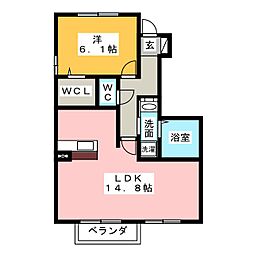 ラビアンローズ徳重B棟 1LDKの間取図画像