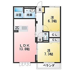 Quatre  Saisons相生 D 2LDKの間取図画像
