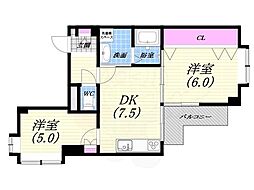 ネオグルント甲子園口 2DKの間取図画像