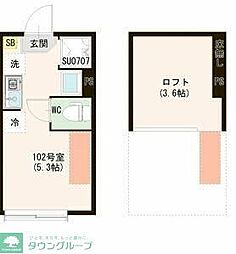 ハーモニーテラス上井草V 102 1階ワンルームの間取り