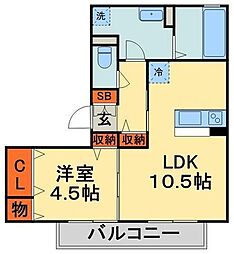 オークコート 2階1LDKの間取り