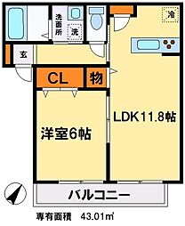 ドミールＬＯＨＡＳ 2階1LDKの間取り