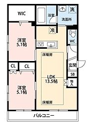 JR総武線 稲毛駅 徒歩6分の賃貸マンション 3階2LDKの間取り