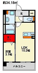 西鉄天神大牟田線 高宮駅 徒歩10分の賃貸マンション 2階1LDKの間取り