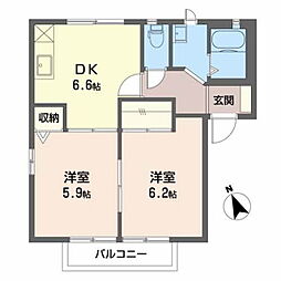 ディアス瓜田B 2階2DKの間取り