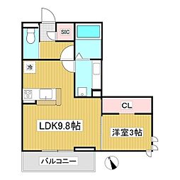 トリシア横町SOUTH 3階1LDKの間取り