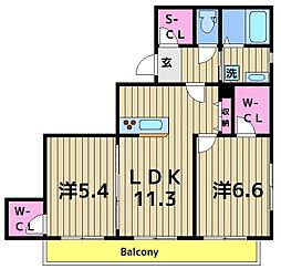 メゾンドヴァン 2LDKの間取図画像
