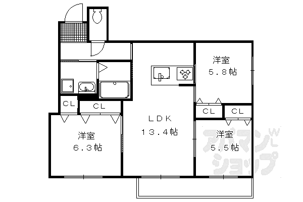 ソフィア 102｜京都府乙訓郡大山崎町円明寺横林(賃貸マンション3LDK・1階・69.56㎡)の写真 その2