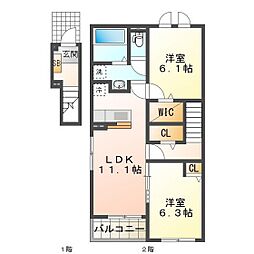 津市庄田町アパート 2LDKの間取図画像