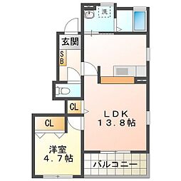 アルル南が丘B棟 1LDKの間取図画像