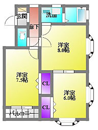 ビバリーハウス上島A 2DKの間取図画像