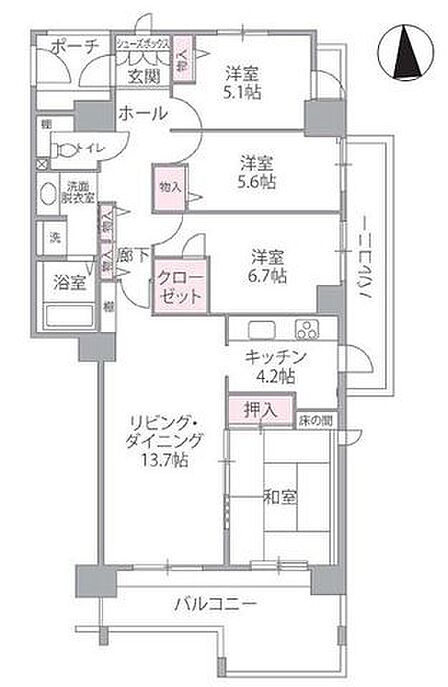 専有面積99平米超のゆとりある4LDK。全居室収納完備に加え、和室や2面バルコニーを備えた使いやすい間取りです。
